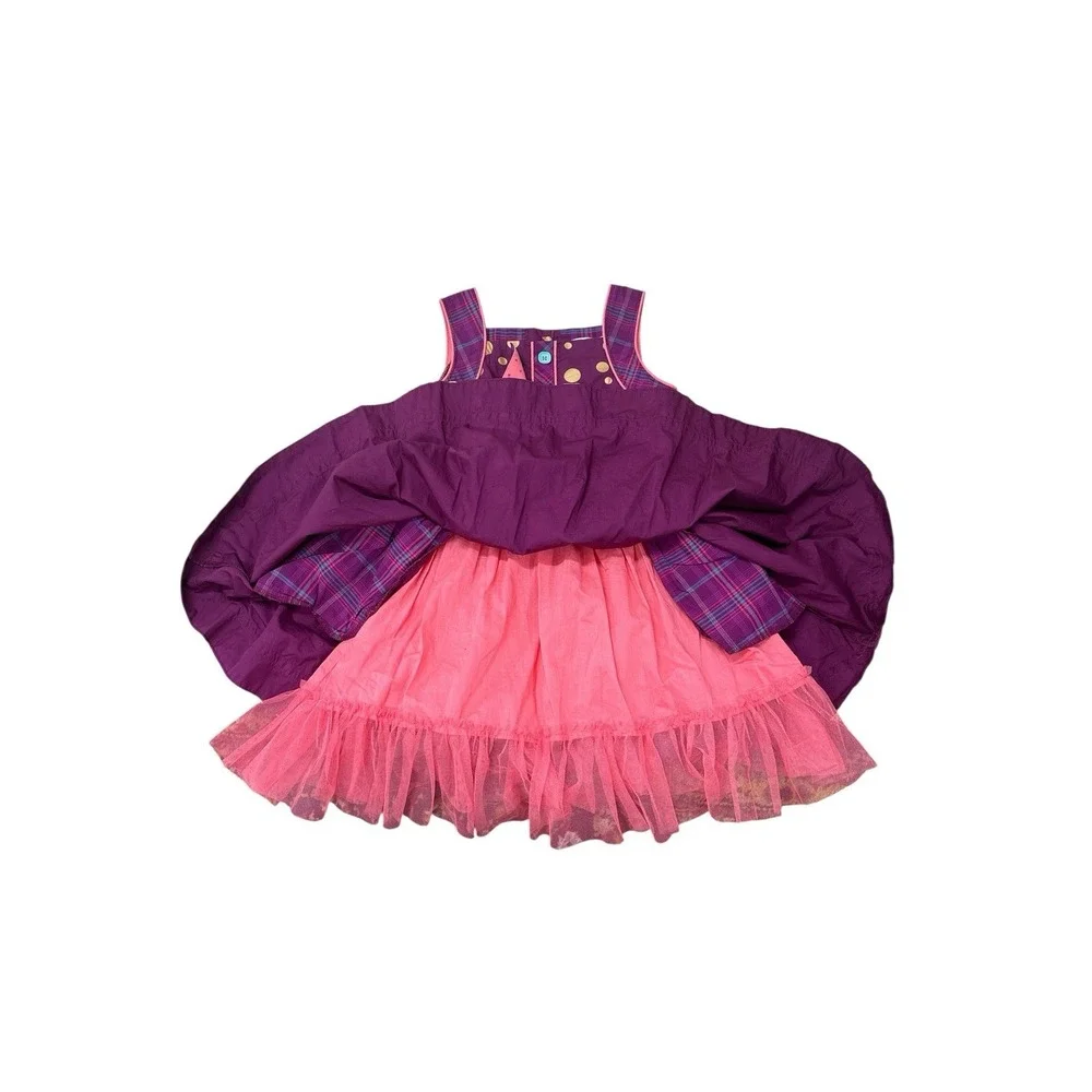 Matilda Jane Plum Gold Polka Dot Plaid Belted Dress With Tulle & Pockets Girls 6